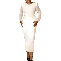 A sleek form-fitting white lace long sleeve formal midi dress with a high neckline suitable for elegant occasions