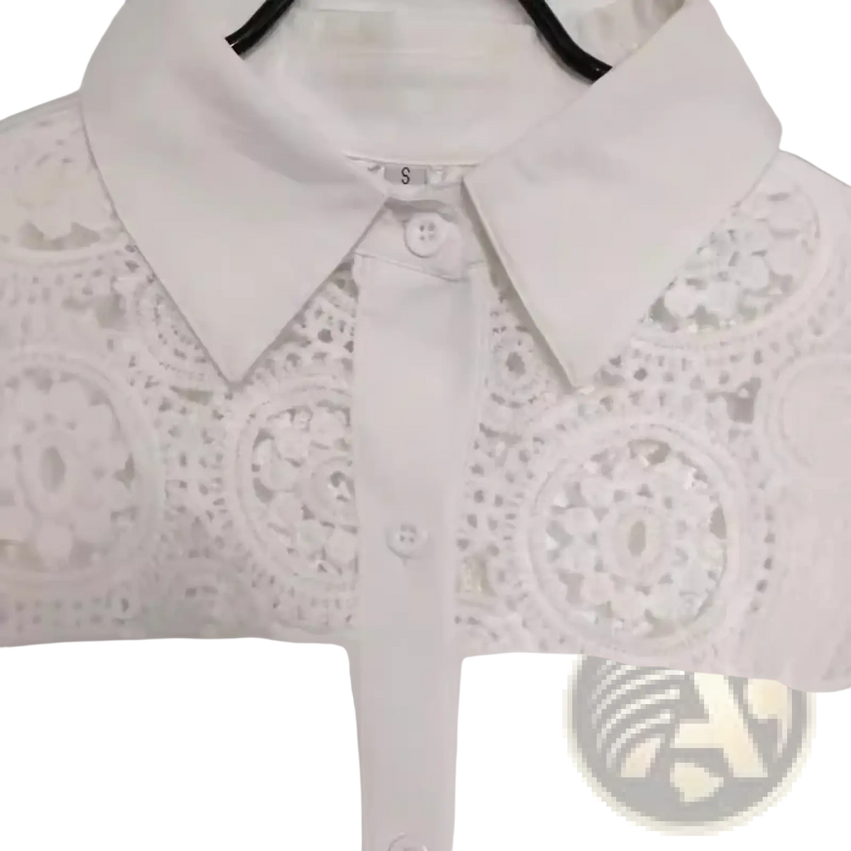 White lace office blouse featuring delicate lace detailing and a classic collar in a crisp white fabric