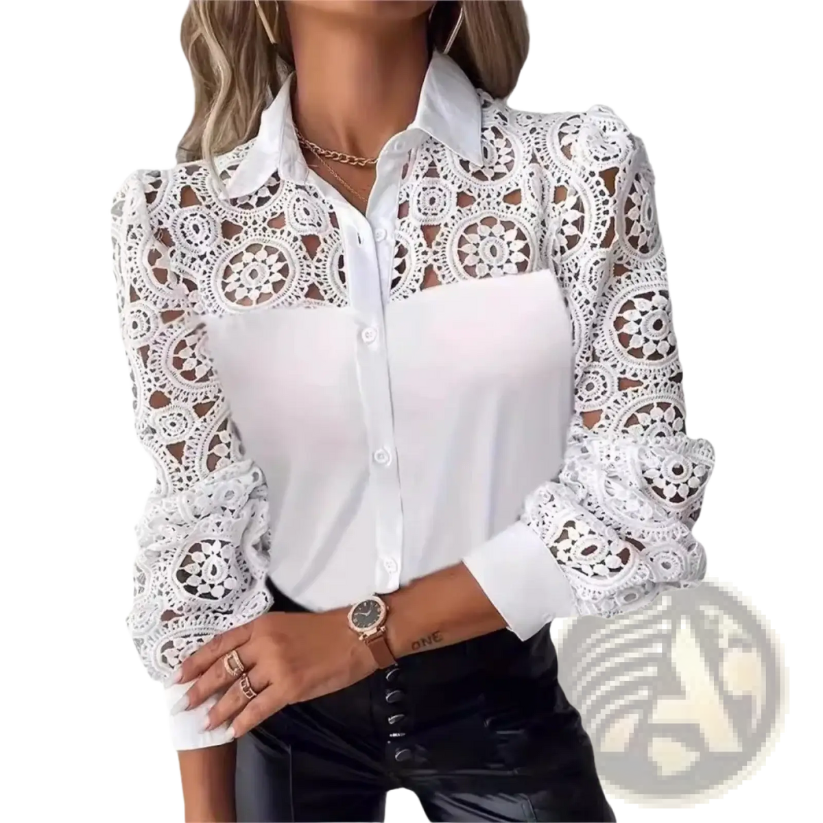 White lace office blouse featuring intricate circular patterns and sheer long sleeves in elegant white fabric