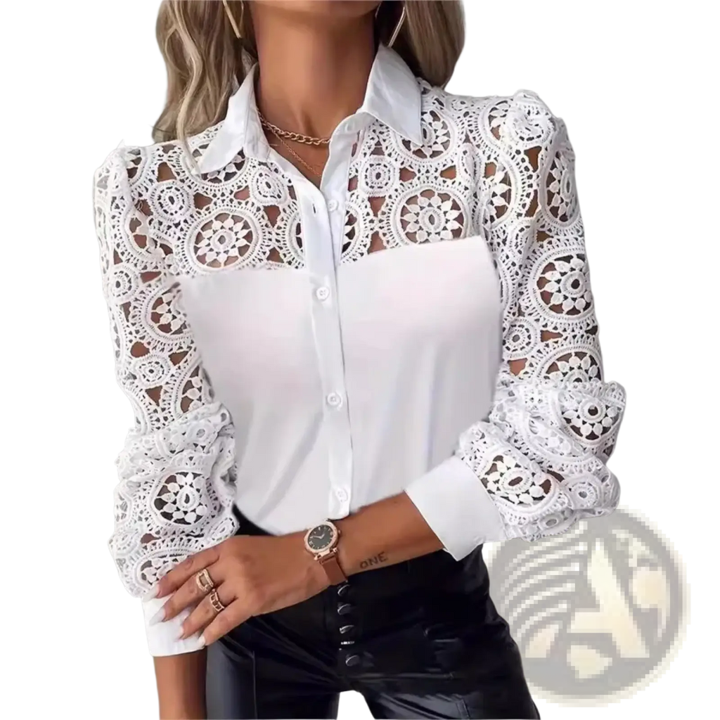 White lace office blouse featuring intricate circular patterns and sheer long sleeves in elegant white lace material