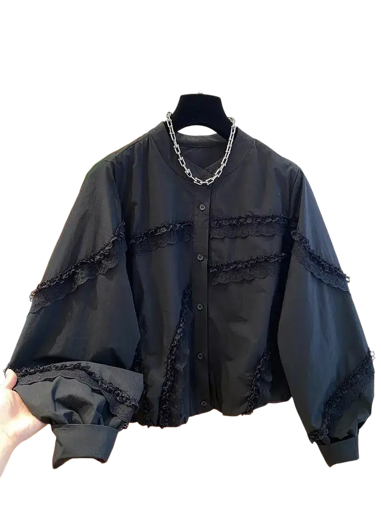 Black lace-trimmed bomber jacket with button-front design perfect for spring autumn outerwear