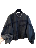 Black lace-trimmed bomber jacket with button-front design perfect for spring autumn outerwear