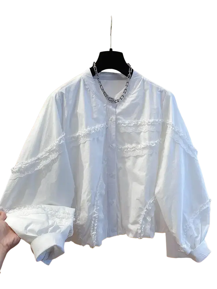 White lace ruffle blouse with delicate lace trim and button-down design for spring autumn wear