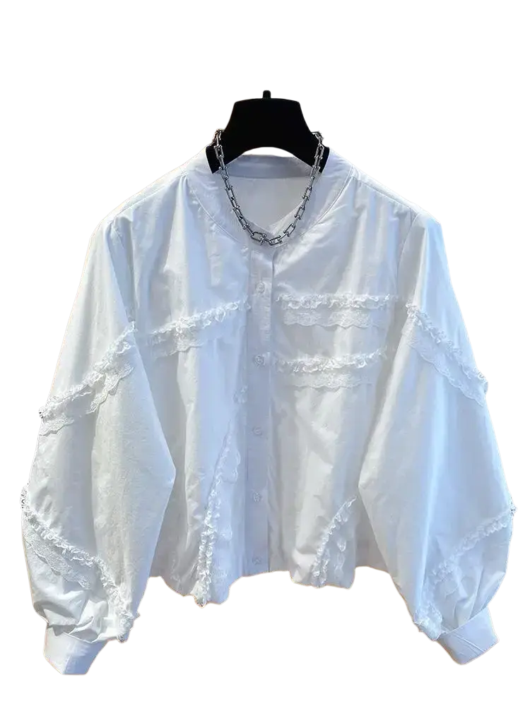 White lace ruffle blouse with button-down design and ruffled lace trim for spring autumn wear