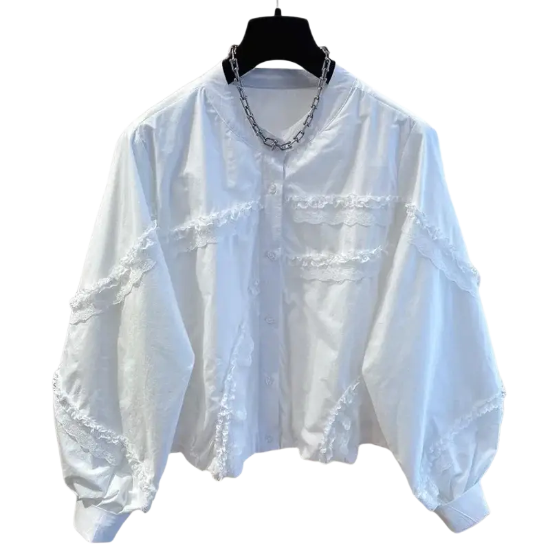White lace ruffle blouse with lace trim along sleeves front placket and pocket edges for spring autumn wear