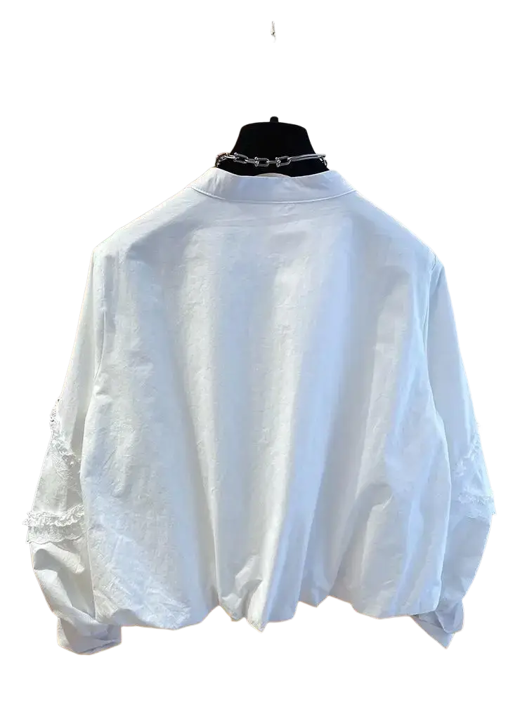 White lace ruffle blouse with sheer ruffled lace sleeves in white perfect for spring autumn wear