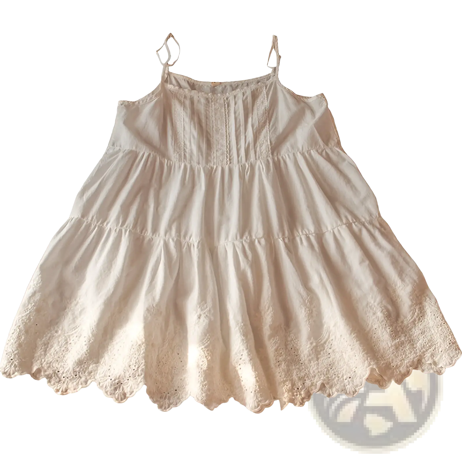 White lace tiered sundress featuring an off-white delicate fabric with lace trim and thin spaghetti straps