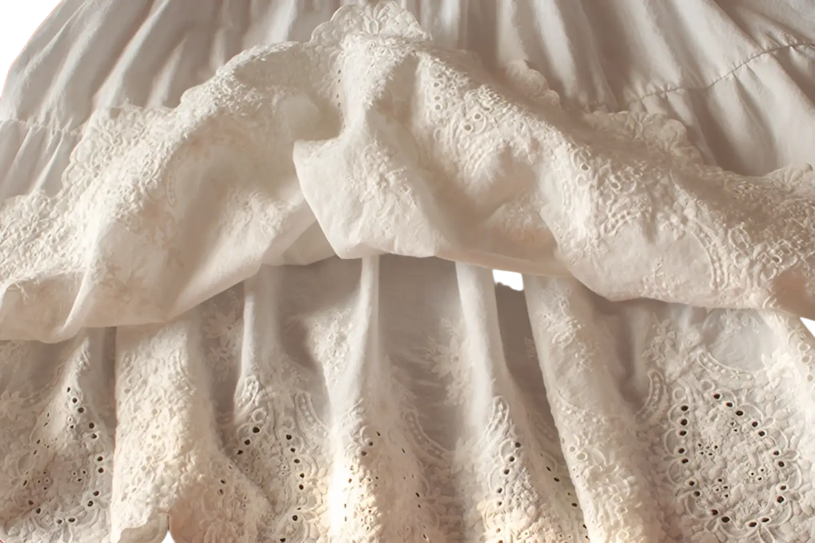 White lace tiered sundress with delicate eyelet embroidery and soft ruffled layers in a skirt design