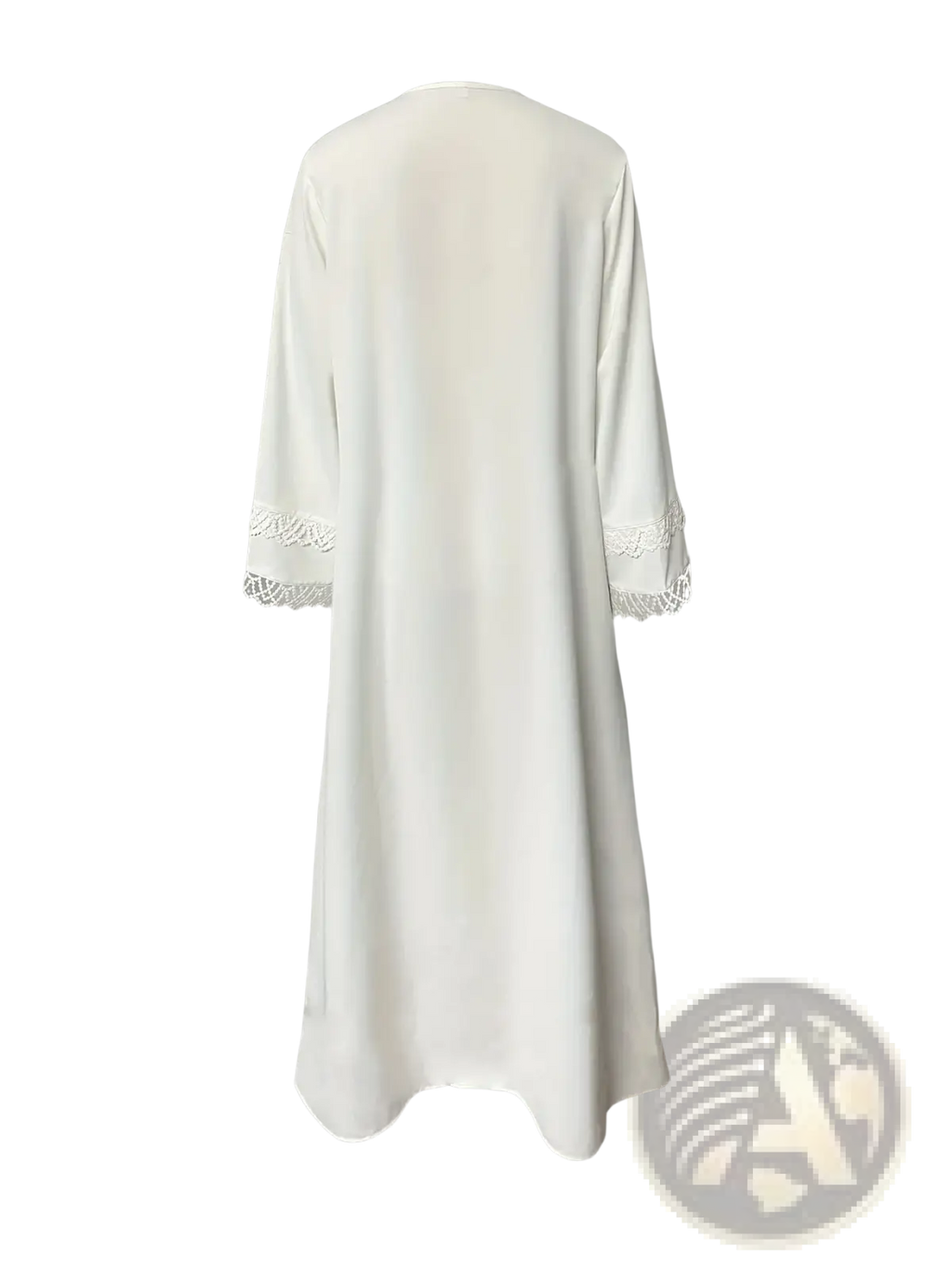 A flowing white lace trim abaya cardigan featuring delicate lace trim at the cuffs made of lightweight fabric