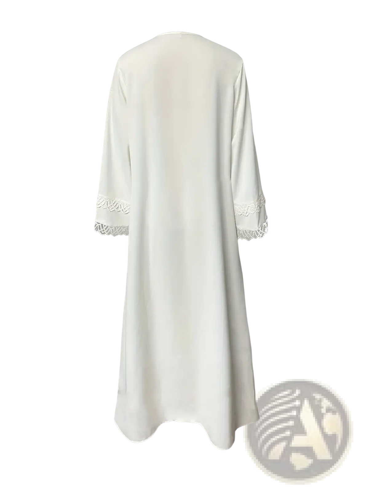 A flowing white lace trim abaya cardigan featuring delicate lace trim at the cuffs made of lightweight fabric