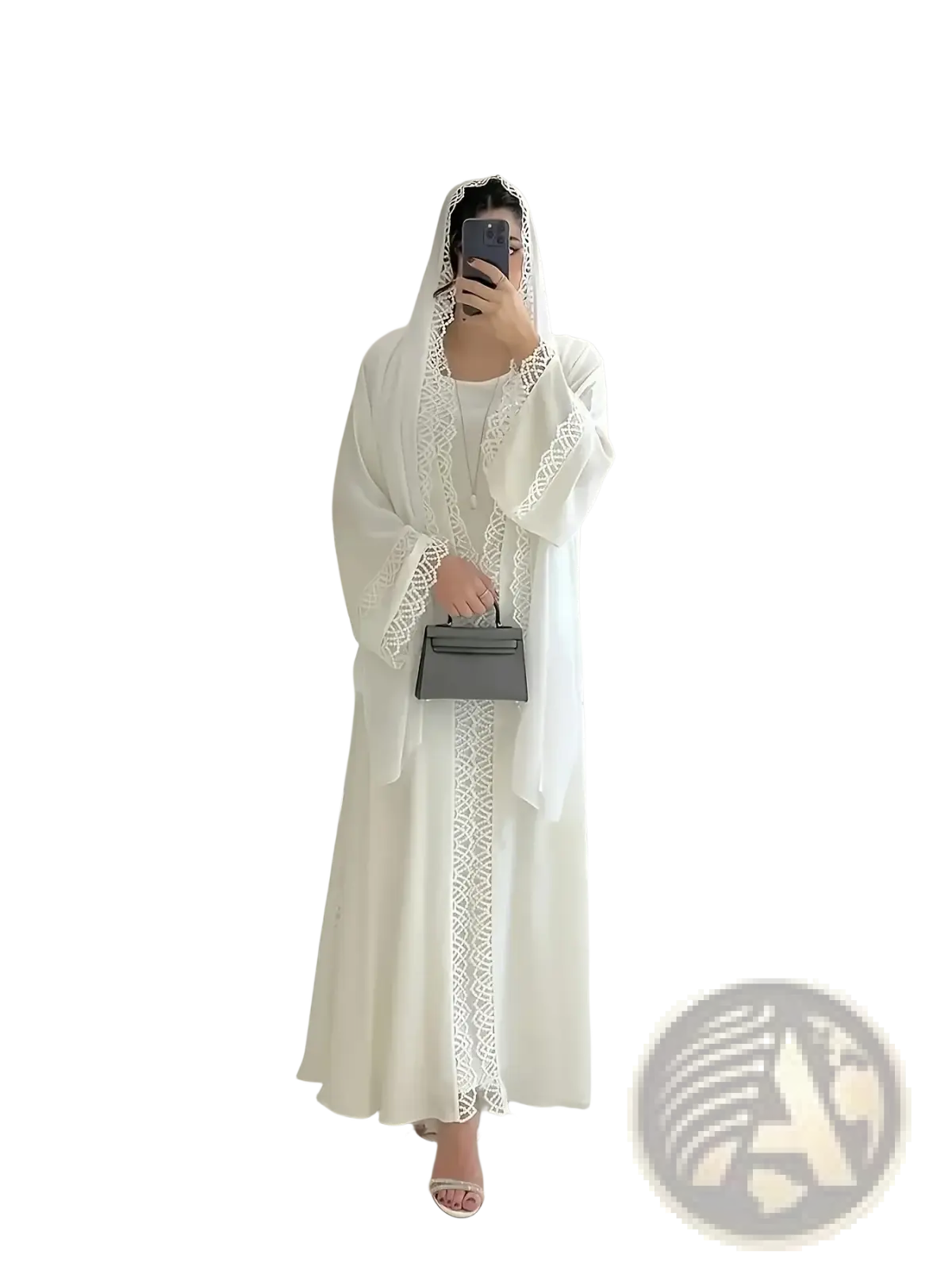 White lace trim abaya cardigan with sheer sleeves and matching headscarf paired with sleek gray handbag
