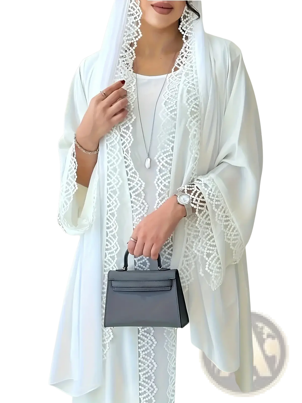 Gray leather mini handbag with top handle and front flap closure complementing white lace trim abaya cardigan