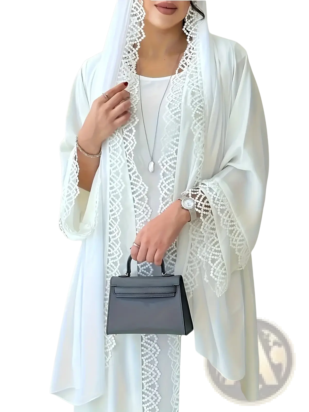 Gray leather mini handbag with top handle and front flap closure complementing white lace trim abaya cardigan