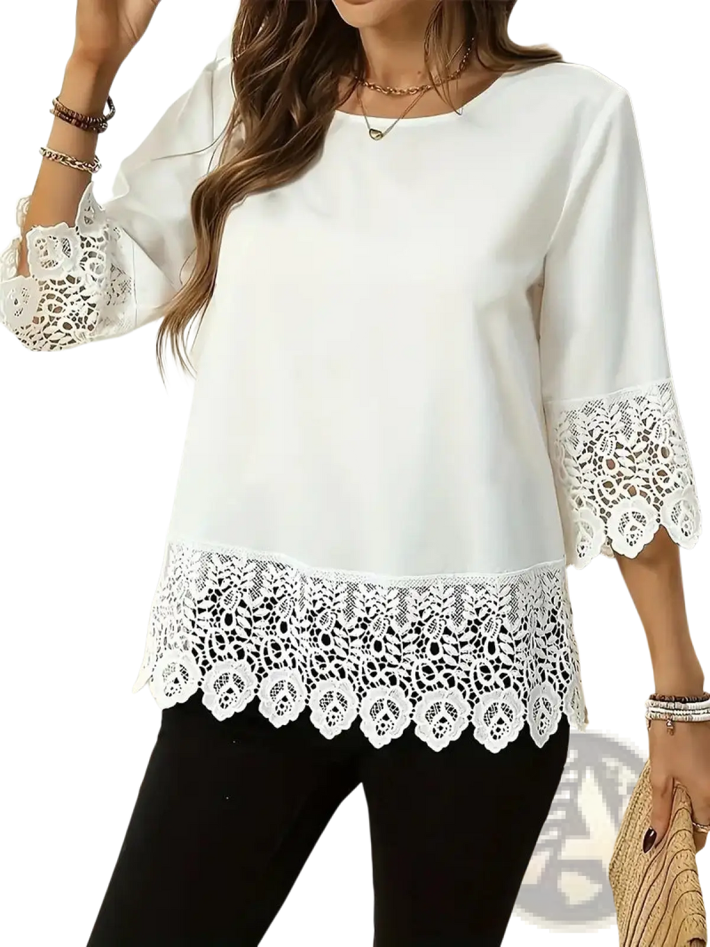 White lace trim patchwork t-shirt in white featuring lace-trimmed blouse design with three-quarter sleeves and round neckline