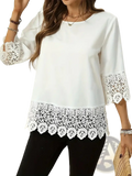 White lace trim patchwork t-shirt in white featuring lace-trimmed blouse design with three-quarter sleeves and round neckline