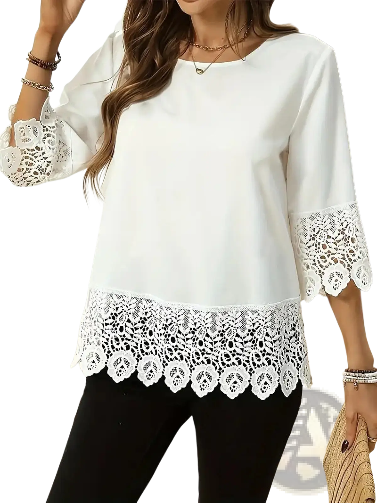 White lace trim patchwork t-shirt in white featuring lace-trimmed blouse design with three-quarter sleeves and round neckline