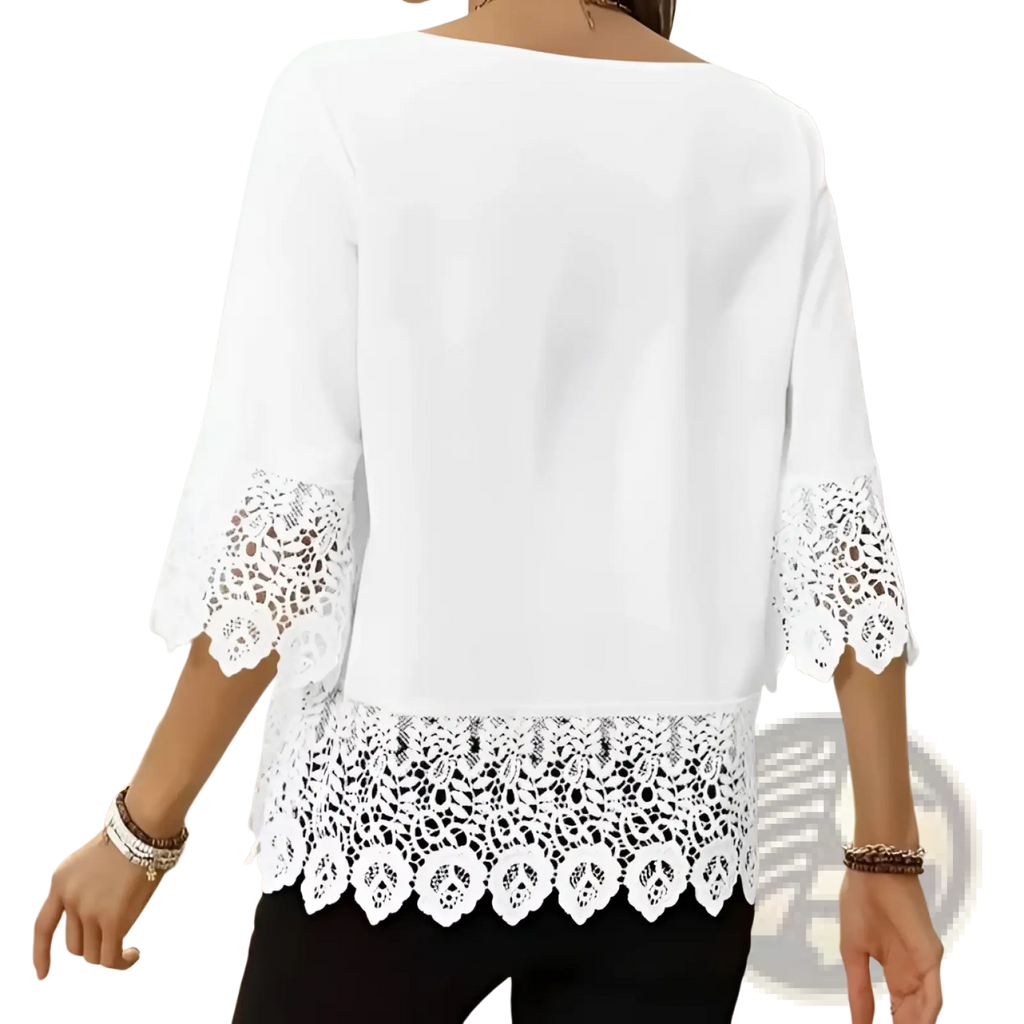 White lace trim patchwork t-shirt with three-quarter sleeves and flowing relaxed fit in white fabric
