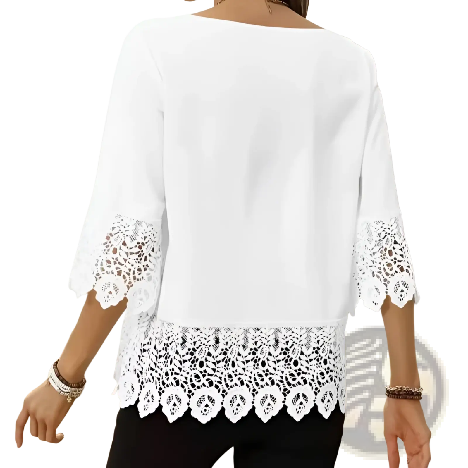 White lace trim patchwork t-shirt with three-quarter sleeves and flowing relaxed fit in white fabric