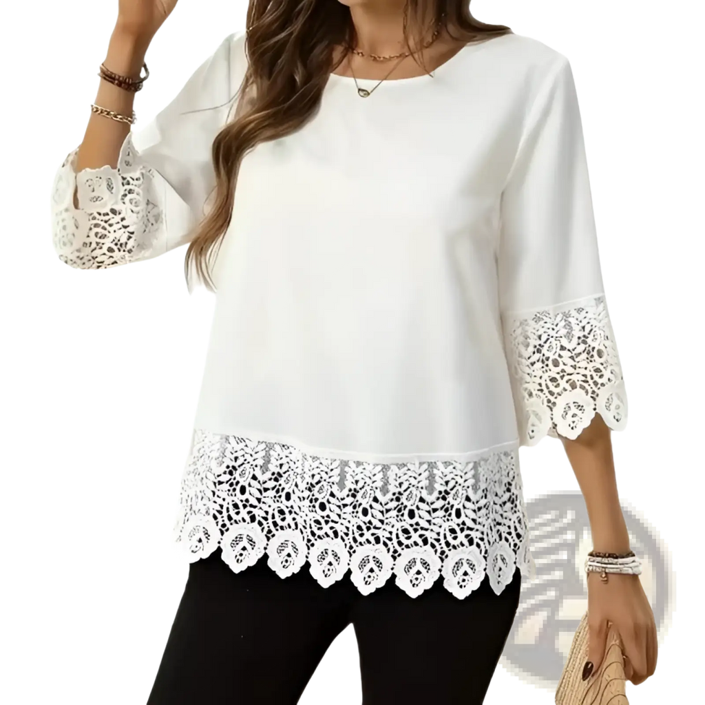 White lace trim patchwork t-shirt with three-quarter sleeves and relaxed fit in soft white fabric