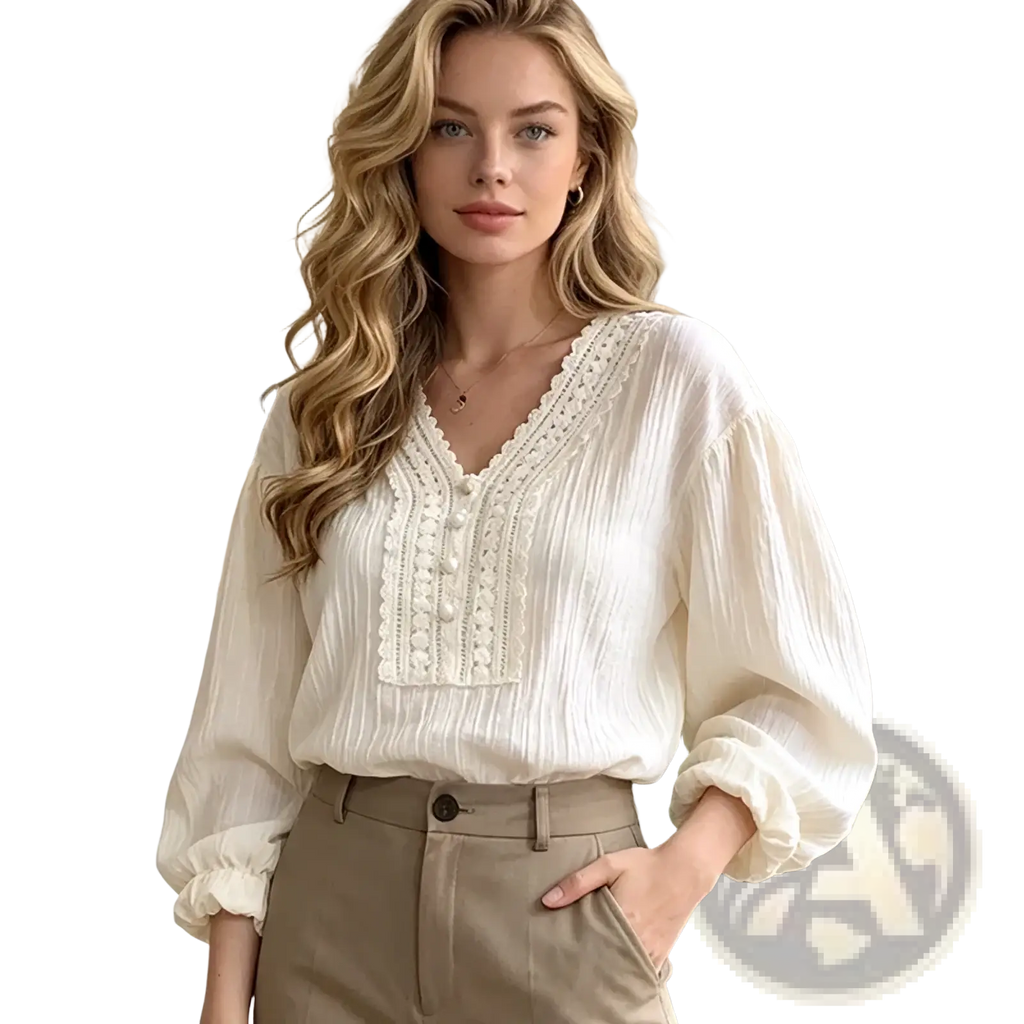 White lace v-neck blouse in off-white with intricate lace detailing and gathered puff sleeves for elegant wear