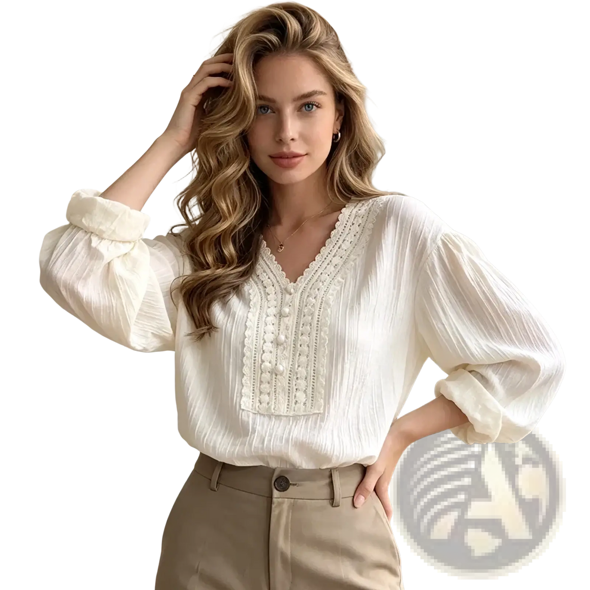 White lace v-neck blouse in off-white crinkled fabric with intricate lace and pearl button detailing at the neckline