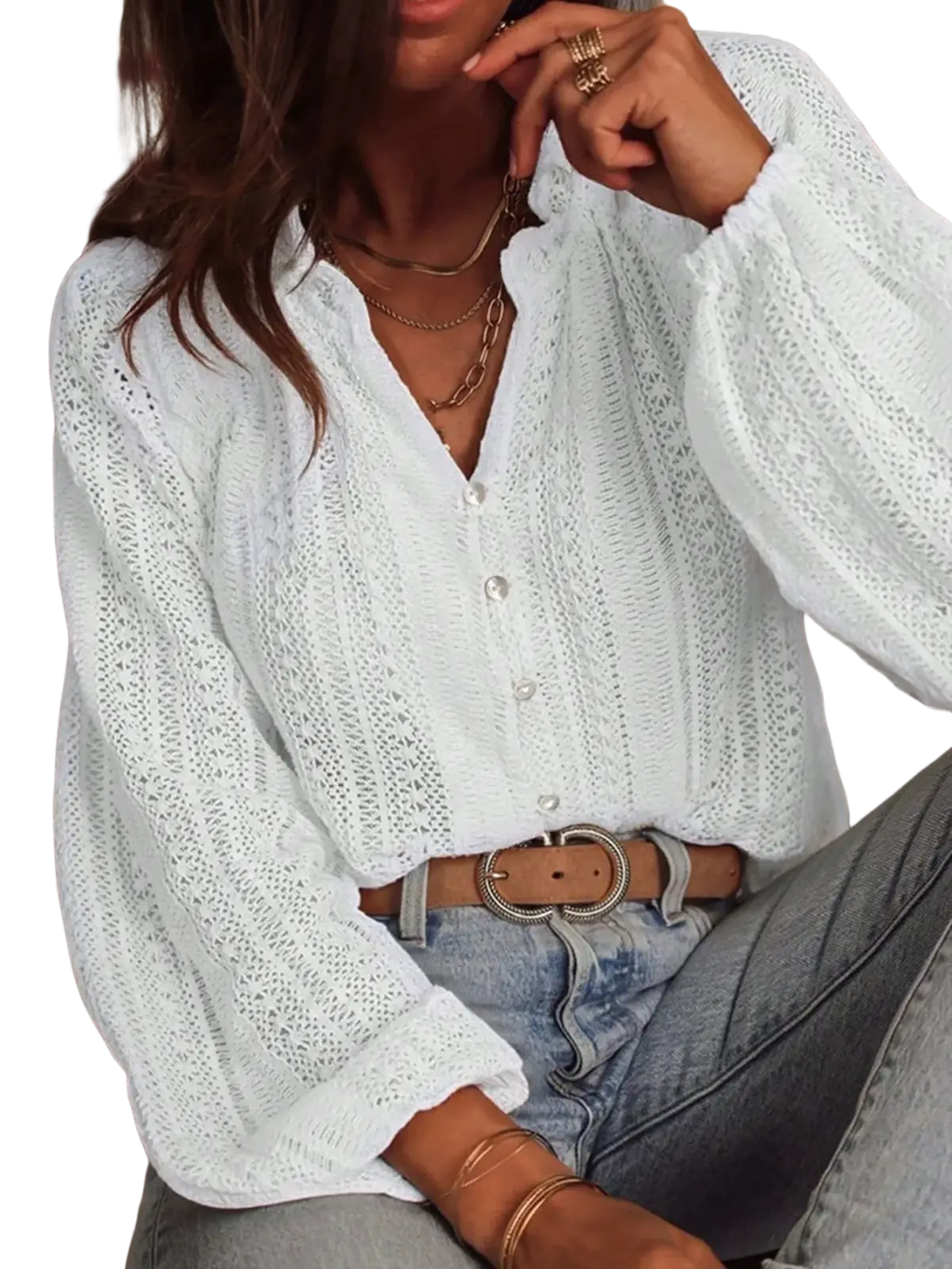 White lace v-neck long sleeve blouse featuring delicate lace fabric and button-up front in elegant white color