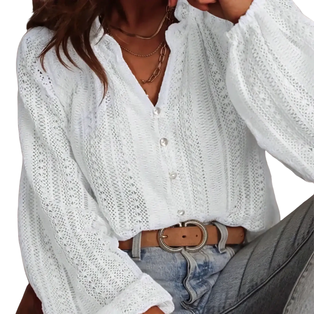 White lace v-neck long sleeve blouse with button front and ruffled cuffs in elegant white lace fabric