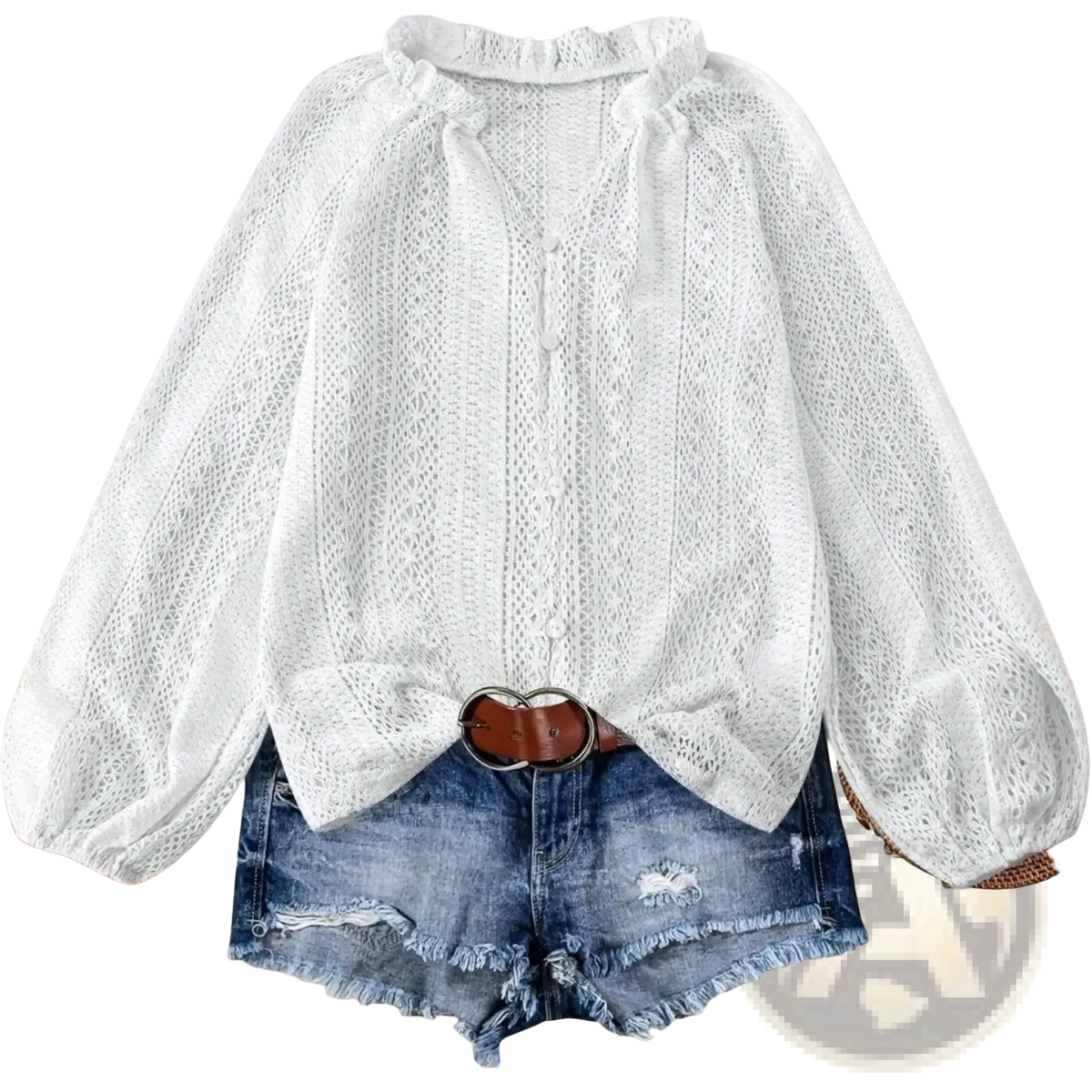 White lace v-neck long sleeve blouse featuring a ruffled neckline made from delicate white lace fabric