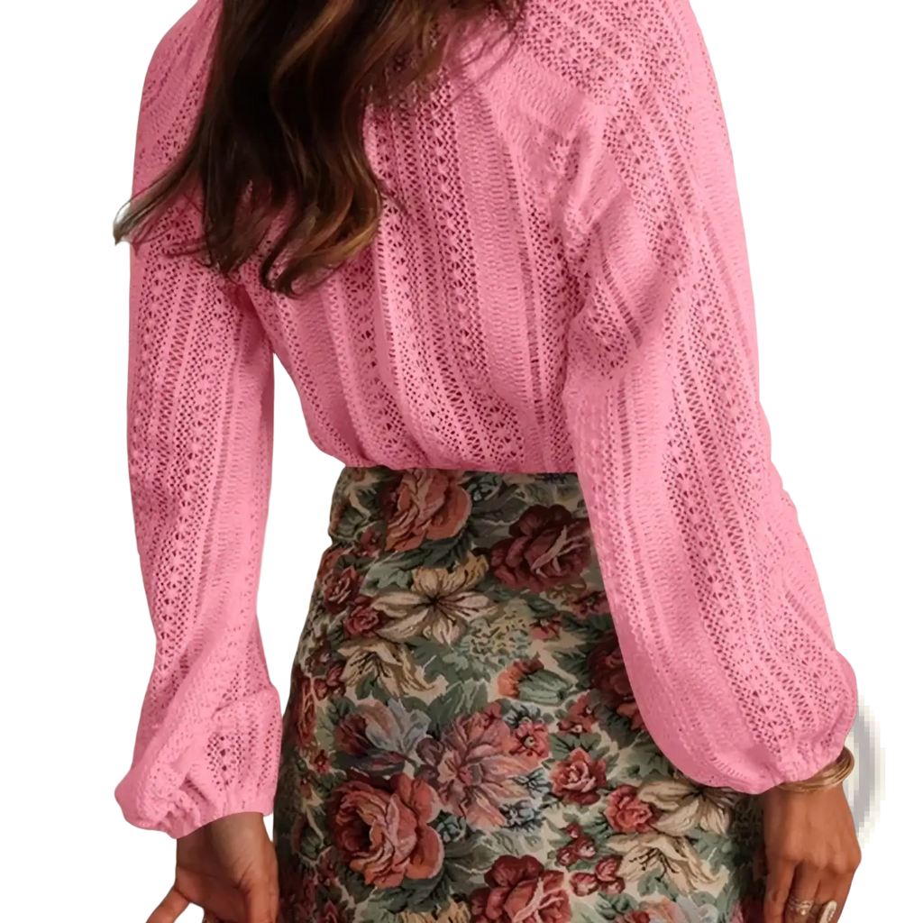 White lace v-neck long sleeve blouse soft pink knitted top with delicate lace pattern and gathered cuffs