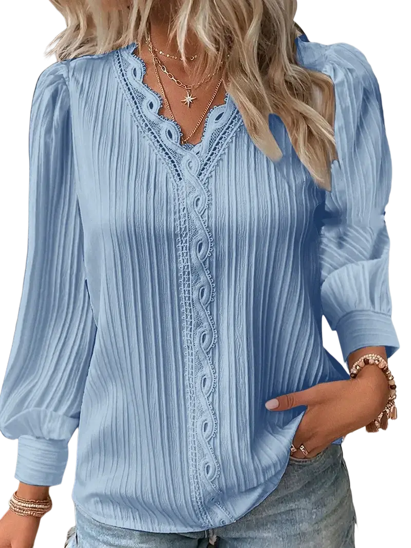 Light blue ribbed synthetic fiber blouse with delicate white lace detailing along the v-neckline and front placket