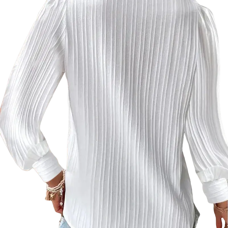 White lace v-neck synthetic fiber women blouse with long sleeves and vertical pleats in soft flowing fabric