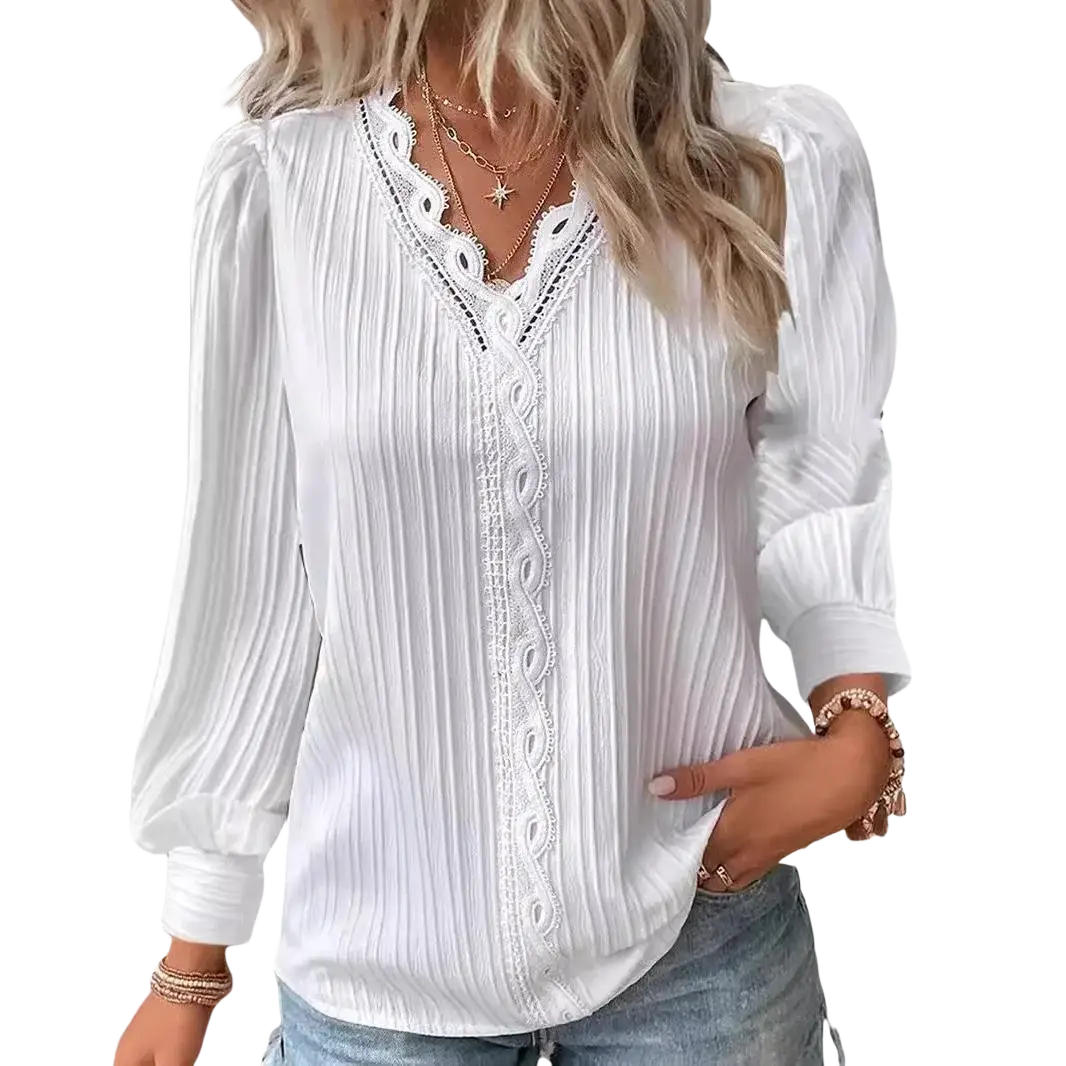 White lace v-neck synthetic fiber women blouse with pleated fabric and delicate lace trim along the front placket