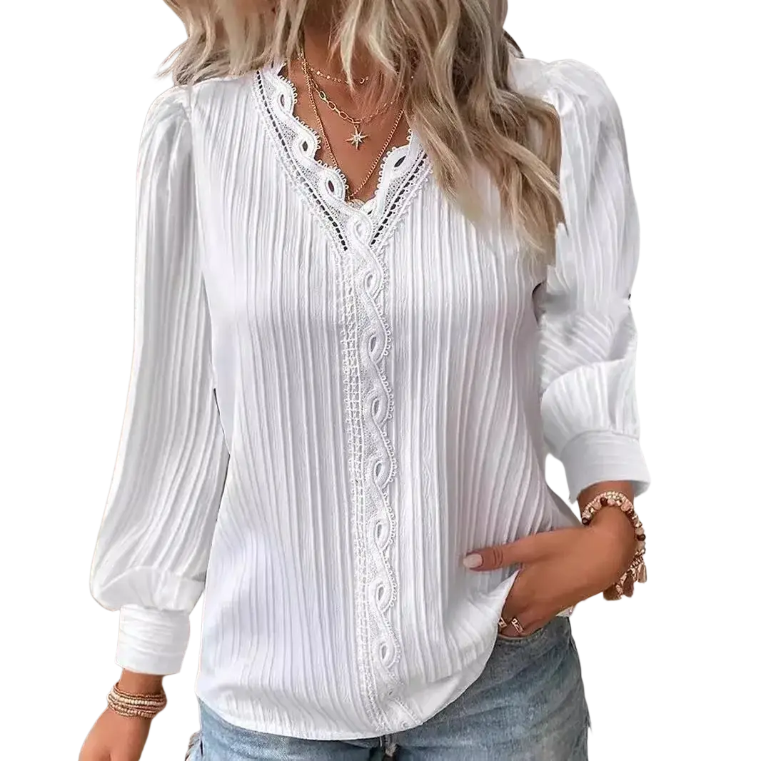 White lace v-neck synthetic fiber women blouse with pleated fabric and delicate lace trim along the front placket