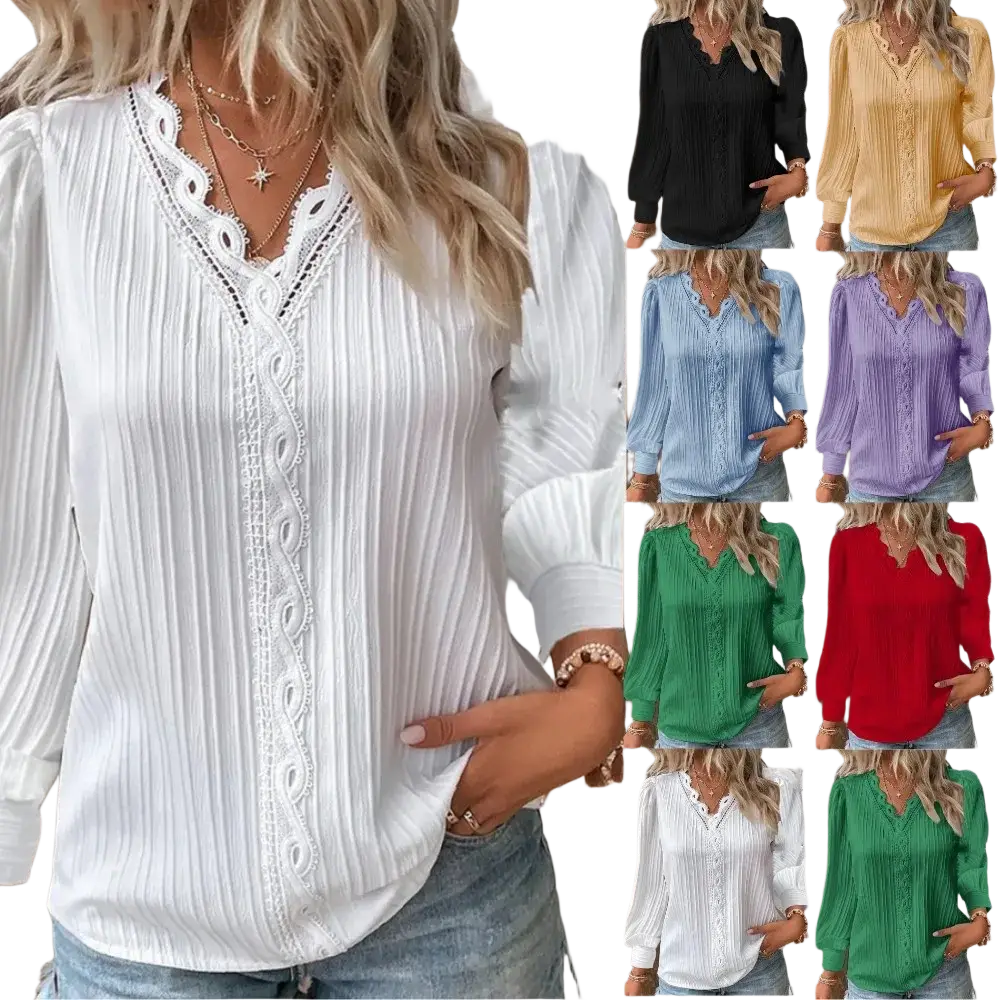 White lace v-neck synthetic fiber women blouse with ribbed cotton texture and delicate lace trim on front placket