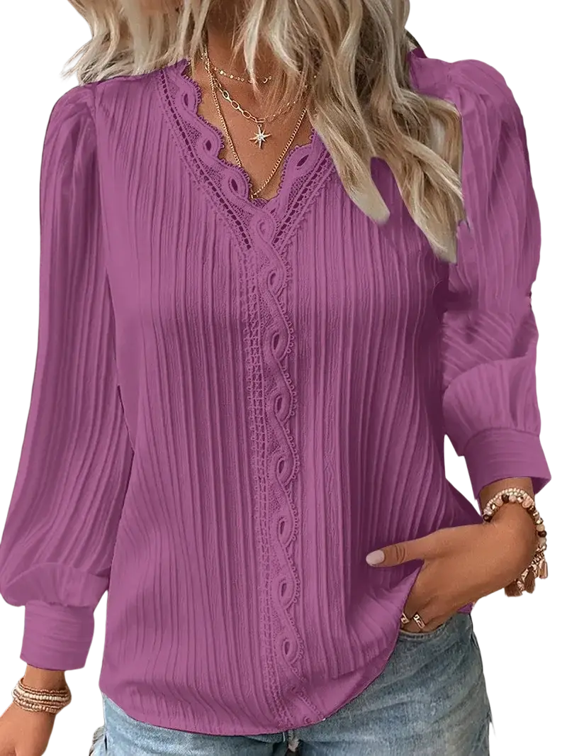 A soft lavender synthetic fiber blouse with long sleeves textured pleats and white lace v-neck trim for women