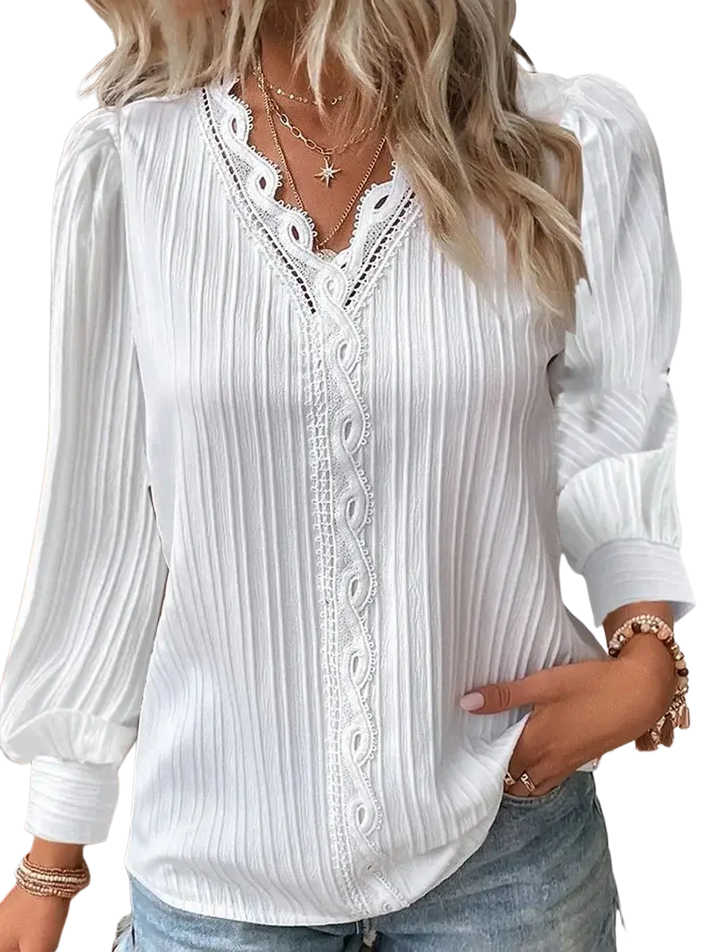 White lace v-neck synthetic fiber women blouse with vertical pleats and delicate lace trim on the front placket