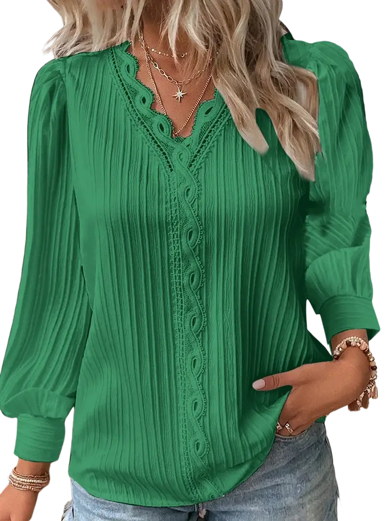 Vibrant green long-sleeved synthetic fiber blouse with ribbed texture and white lace v-neck detailing for women