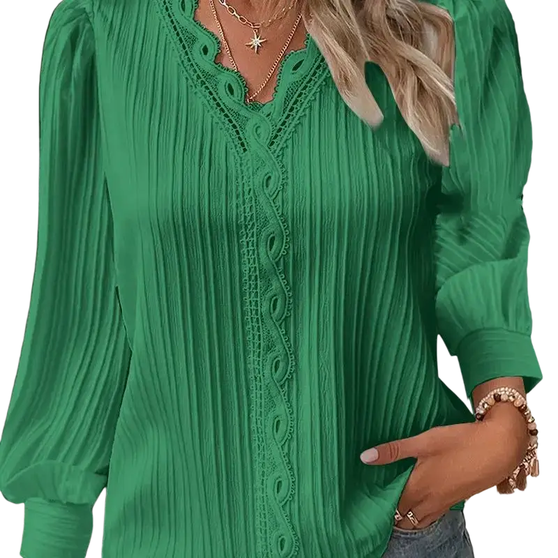 Vibrant green long-sleeved synthetic fiber blouse with vertical pleats and white lace v-neck detailing for women