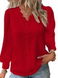 Vibrant red ribbed knit blouse with v-neckline and puffed sleeves made of synthetic fiber for women