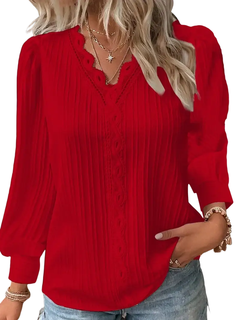 Vibrant red ribbed knit blouse with v-neckline and puffed sleeves made of synthetic fiber for women