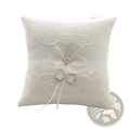 White lace wedding ring pillow with delicate bow and crystal accent for ribbon bearer cushion use