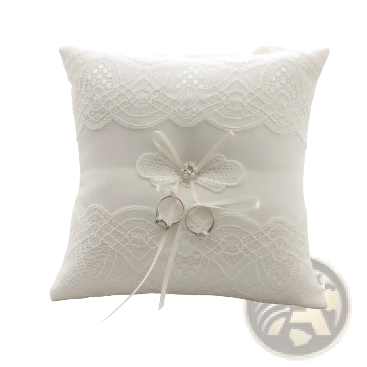 White lace wedding ring pillow with delicate bow and crystal accent for ribbon bearer cushion use