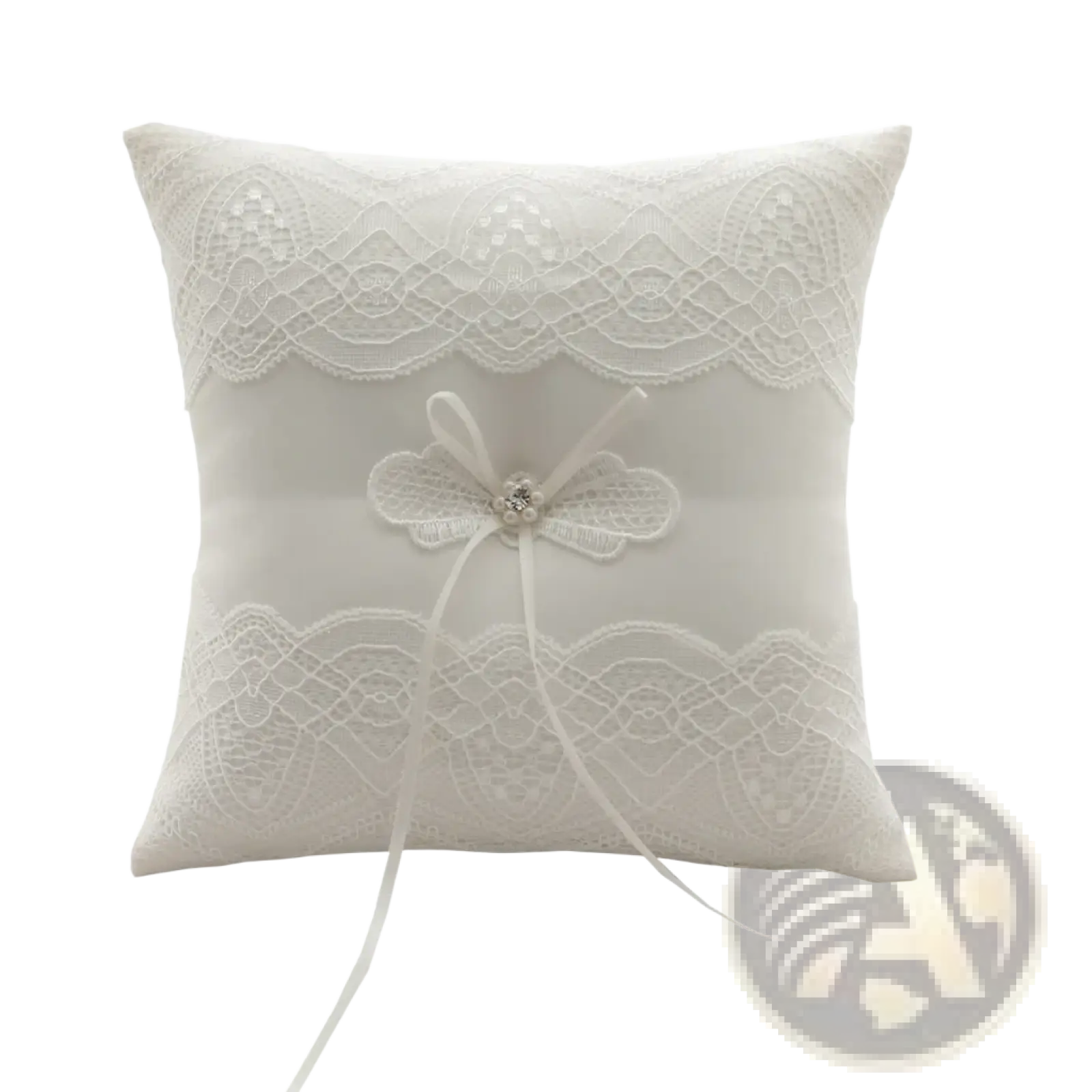 White lace wedding ring pillow with ivory lace, central bow, crystal embellishment, and ribbon bearer cushion