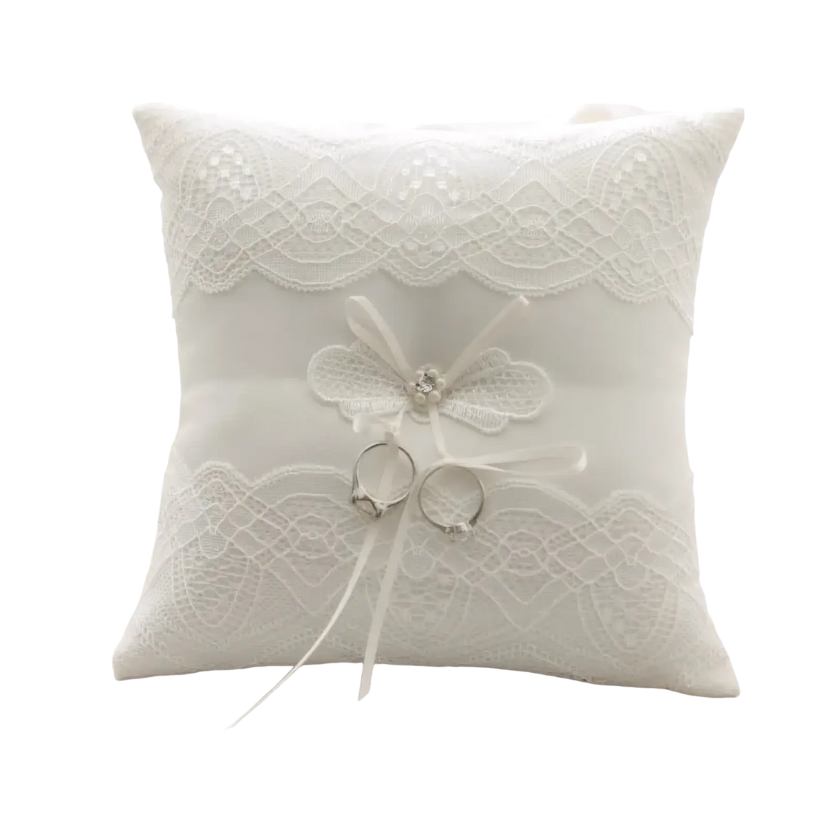 White lace wedding ring pillow with delicate bow and crystal accent for ribbon bearer cushion use