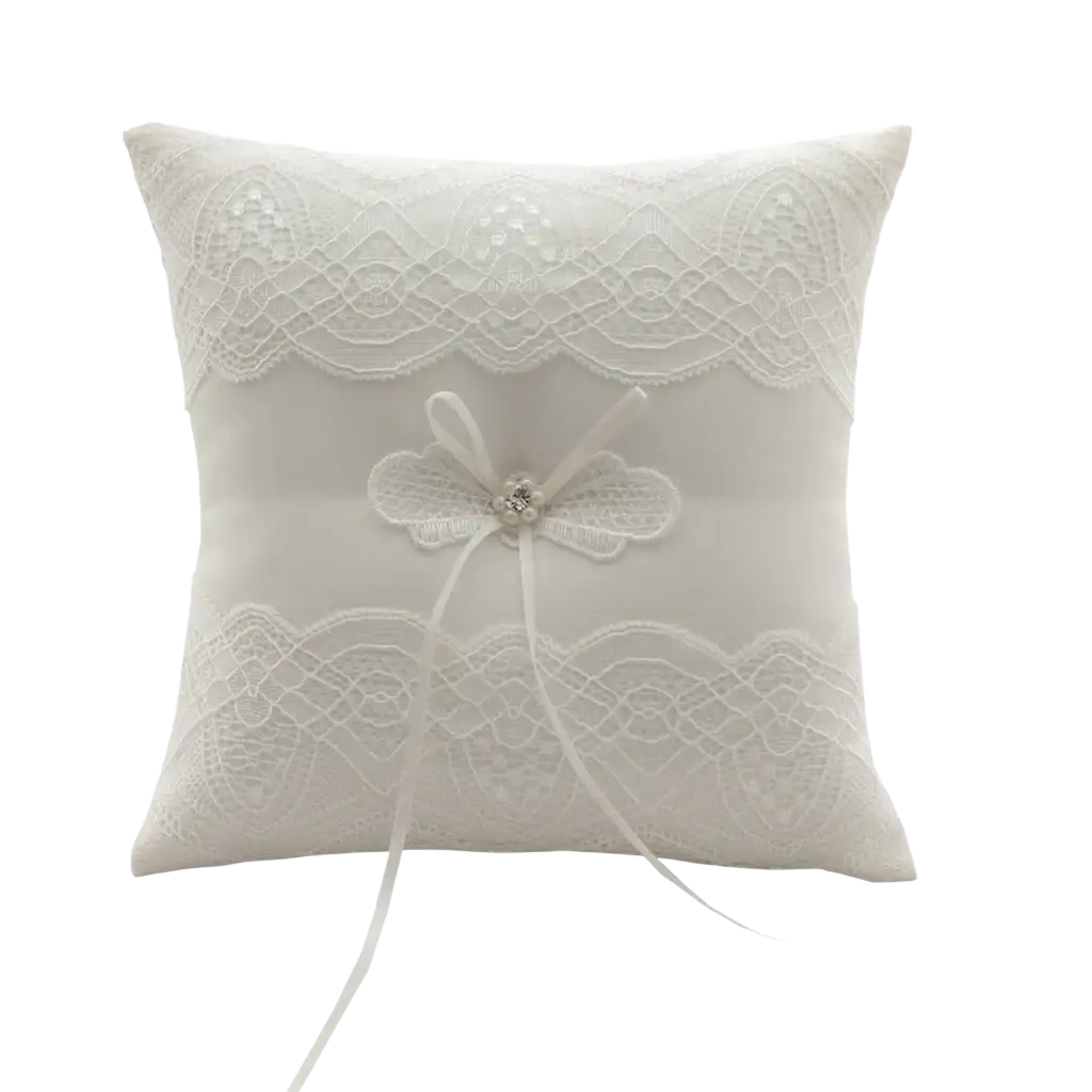 White lace wedding ring pillow with ivory lace, central bow, crystal embellishment, and ribbon bearer cushion