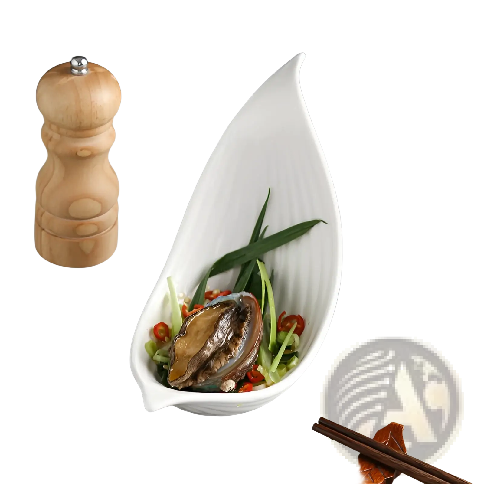 White leaf ceramic serving dish with vertical ridges holding an abalone and garnishes for elegant presentation