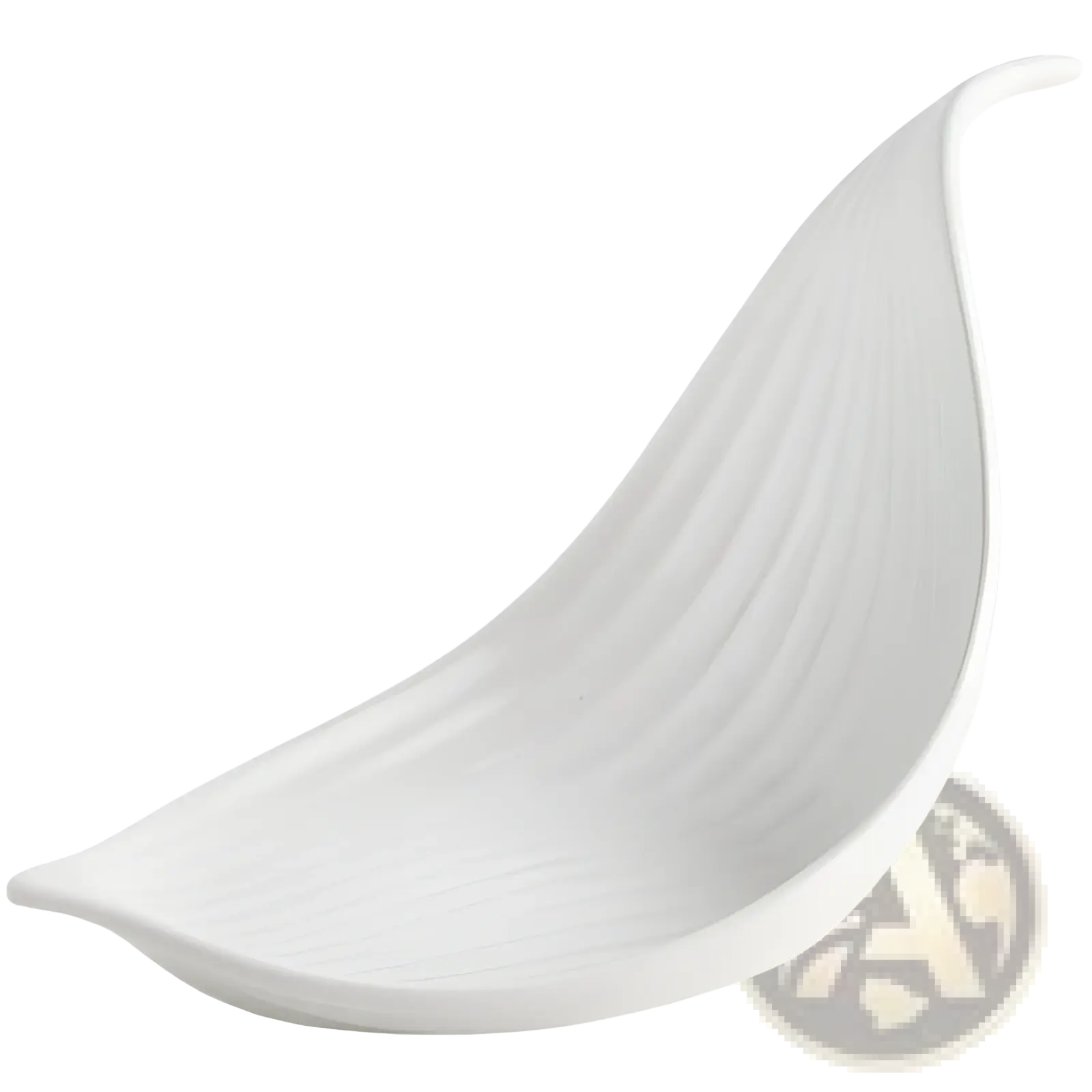 White ceramic serving dish shaped like a leaf with subtle vertical ridges and an irregular design