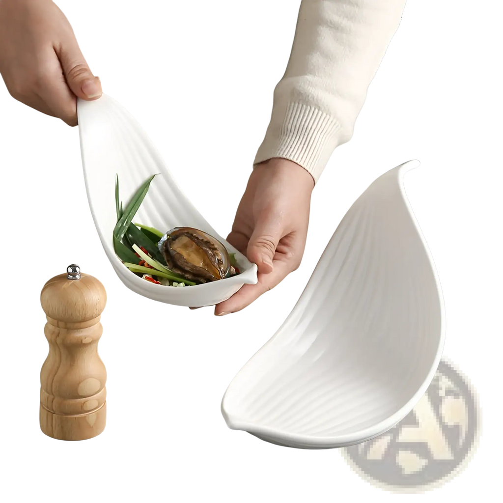 White leaf ceramic plate irregular serving dish with subtle vertical ridges in white ceramic material