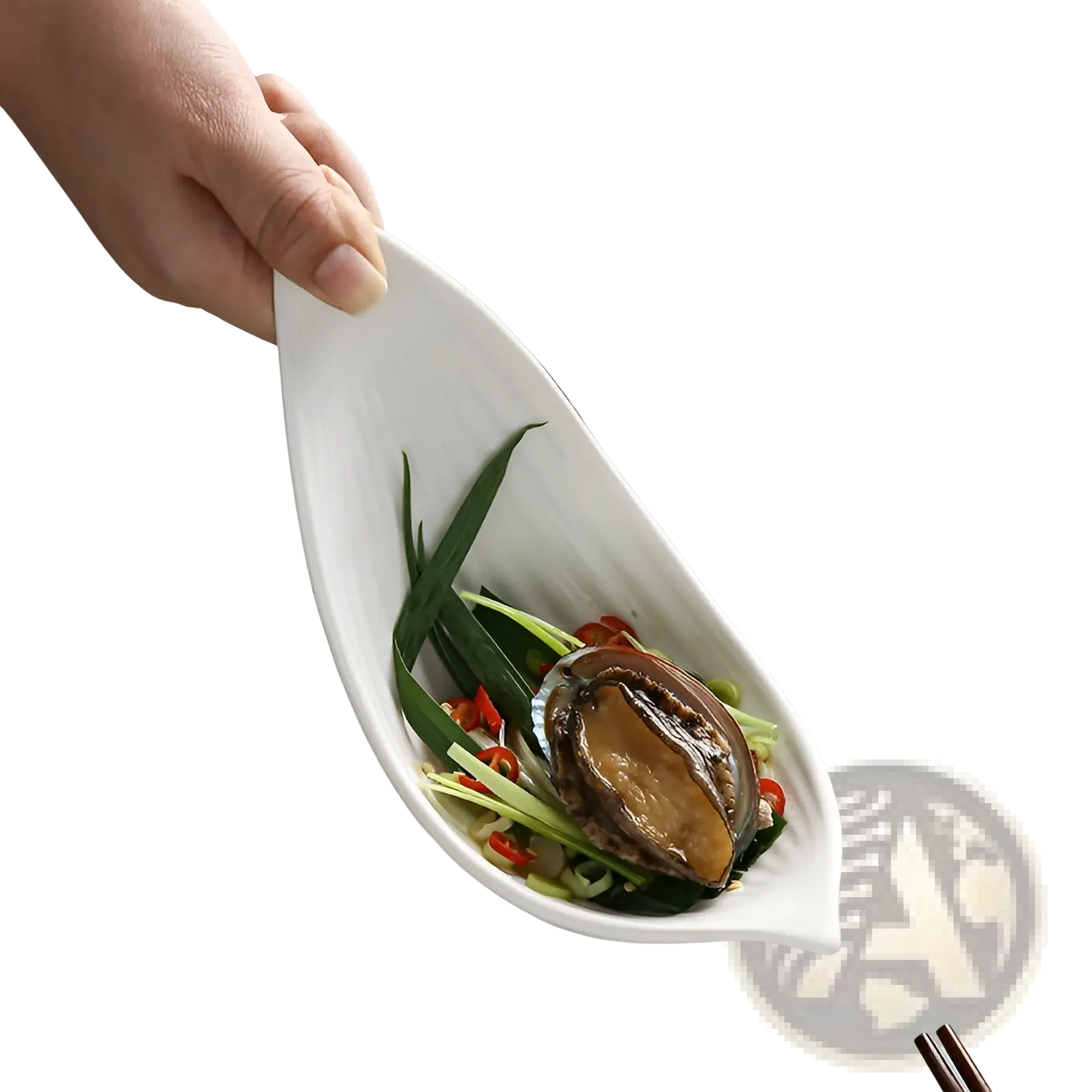 White ceramic irregular leaf serving dish holding cooked abalone and garnishes for elegant food presentation