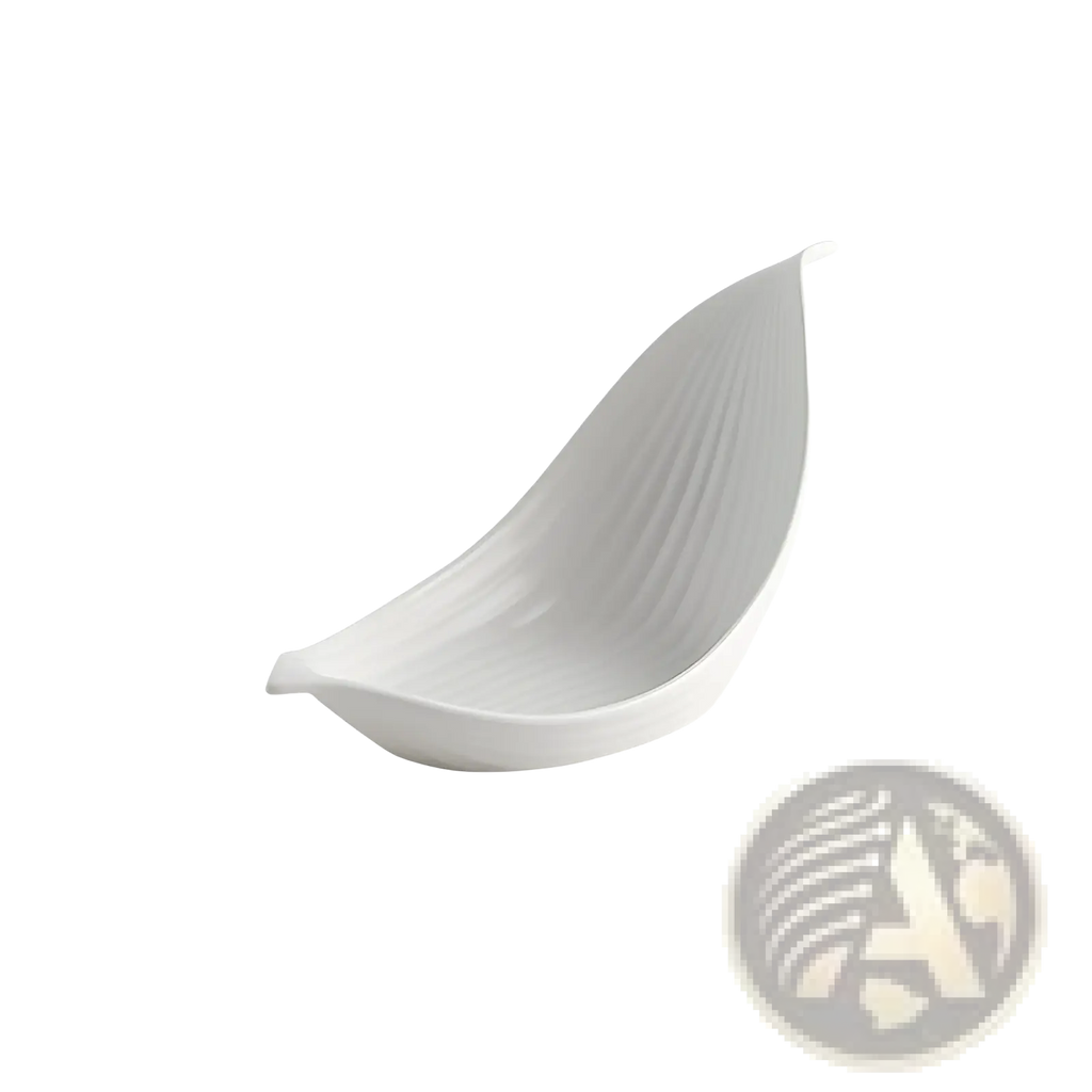 White leaf ceramic plate featuring subtle vertical ridges in a sleek, irregular serving dish design
